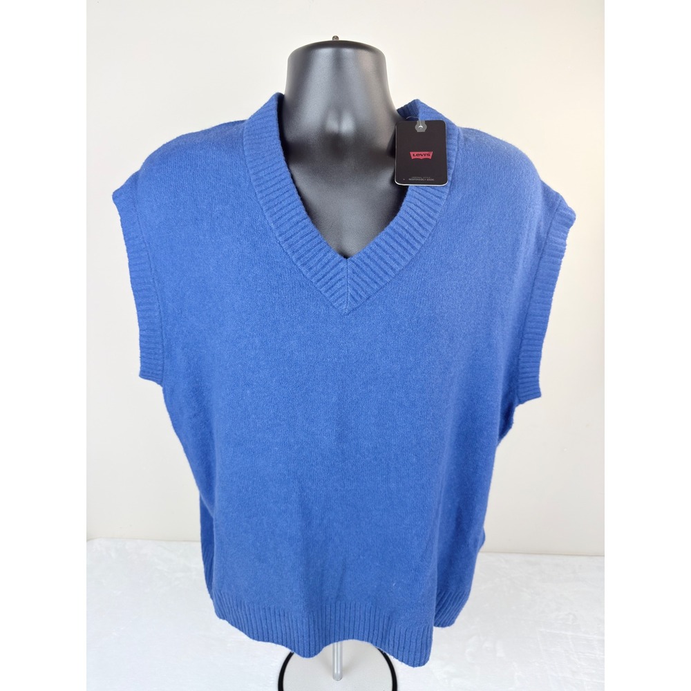 Levis Mens V-Neck Sweater Vest Royal Blue Knit Sleeveless Standard Fit Stretch